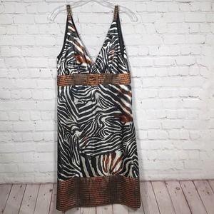M. Kalan Satin Animal Print Dress Womans Large V Neck Zebra Black Cream Orange